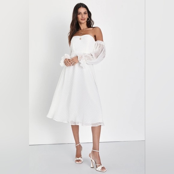 Lovely Angel White Swiss Dot Off-the-Shoulder Midi Dress - Picture 1 of 4